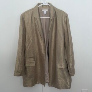 Chico's Blazer Jacket 100% Linen Gold Metallic Boyfriend Open Front Neutral 3 XL